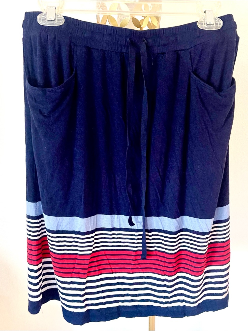Max Studio Navy Midi Skirt with Red & Light Blue Stripes